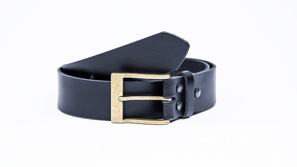Genuine Black Leather Jeans Belt - Rectangular Gold Buckle - Worldbelts Ltd