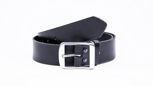 Genuine Black Leather Jeans Belt - Full Satin Silver Buckle - Worldbelts Ltd