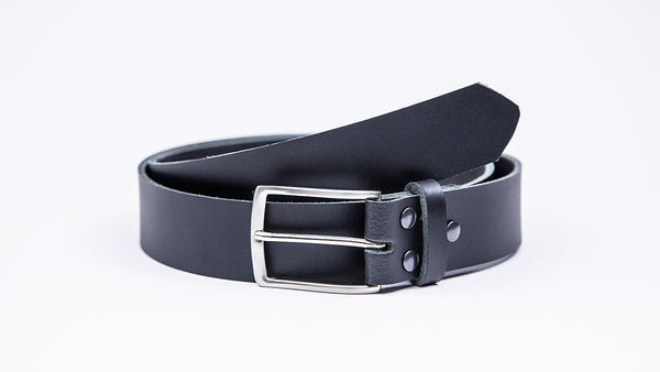 Genuine Black Leather Chinos Belt - Thin Rectangular Chrome Buckle - Worldbelts Ltd