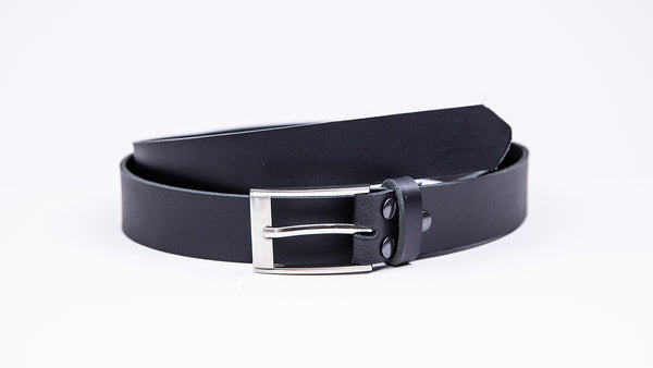 Black Leather Suit Belt - Rectangular Chrome Buckle - Worldbelts Ltd