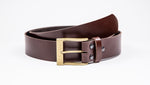Genuine Dark Brown Leather Jeans Belt - Rectangular Gold Buckle - Worldbelts Ltd