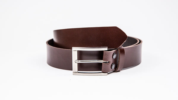Genuine Dark Brown Leather Chinos Belt - Rectangular Chrome Buckle - Worldbelts Ltd