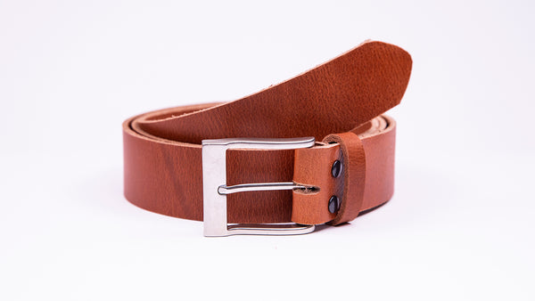 Genuine Tan Leather Jeans Belt - Rectangular Satin Silver Buckle - Worldbelts Ltd