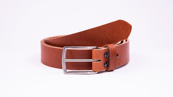 Genuine Tan Leather Chinos Belt - Thin Rectangular Chrome Buckle - Worldbelts Ltd