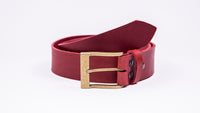Genuine Red Leather Jeans Belt - Rectangular Gold Buckle - Worldbelts Ltd