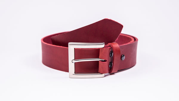 Genuine Red Leather Jeans Belt - Square Satin Silver Buckle - Worldbelts Ltd