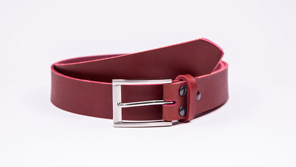 Genuine Red Leather Chinos Belt - Rectangular Chrome Buckle - Worldbelts Ltd