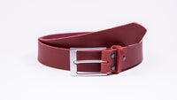 Genuine Red Leather Chinos Belt - Rectangular Satin Silver Buckle - Worldbelts Ltd