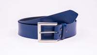 Genuine Blue Leather Jeans Belt - Square Satin Silver Buckle - Worldbelts Ltd