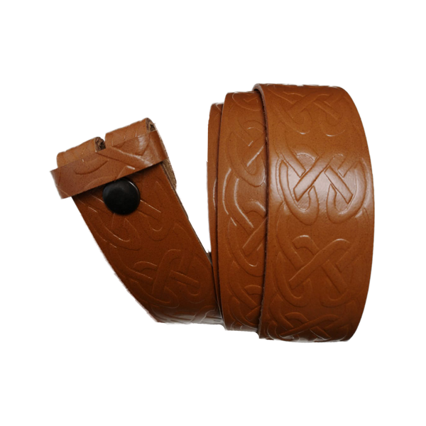 Light Brown Celtic Pattern Leather Press Stud Strap - Worldbelts Ltd