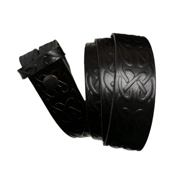 Black Celtic Pattern Leather Press Stud Strap - Worldbelts Ltd
