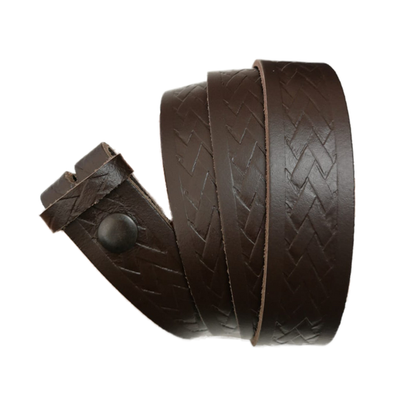 Dark Brown Basket Weave Pattern Leather Press Stud Strap - Worldbelts Ltd
