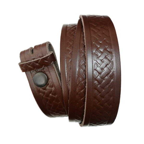 Medium Brown Basket Weave Pattern Leather Press Stud Strap - Worldbelts Ltd